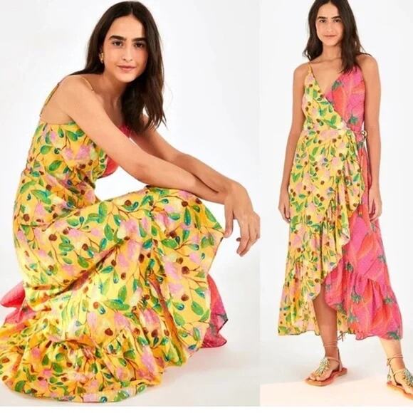 nwot FARM RIO Dress S Wrap Fruit Tie-Beaded Straps Lined Maxi Long Viscose - Picture 1 of 14